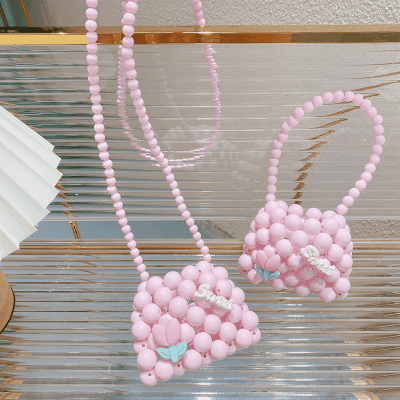 春夏 キッズ少女 ポシェット 編みバッグ ビーズ アクリルパール ハンドバッグ ショルダーバッグ