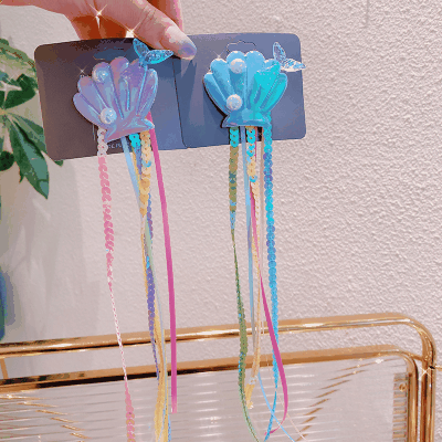 春夏 キッズ用 ガールズ ヘアクリップ ヘアピン 海洋 フリンジ パール貝殻 人魚姫 マーメイド スパンコール