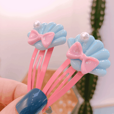 春夏 キッズ用 ガールズ ヘアクリップ ヘアピン 海洋 パール貝殻 アクリル リボン ピンキーカラー