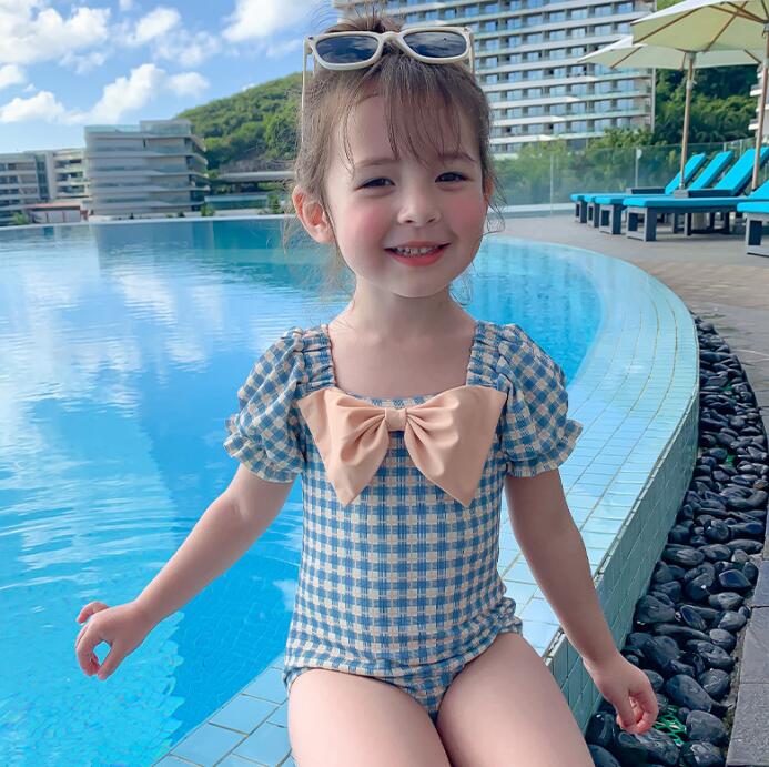 子供服★水着+帽子★韓国風子供服★キッズ女の子★チェック柄★90-140CM