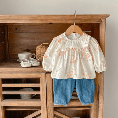 オシャレ春秋 ガールズ 秋冬新作 ブラウス フリル 花柄 デニム ロングズボン シャツ+パンツ 66-100