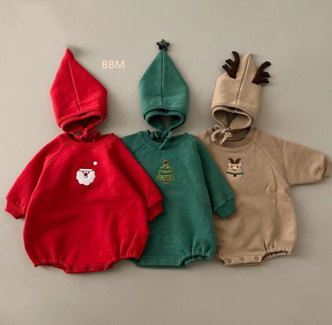 2023★クリスマス★韓国風ベビー服★ロンパース+帽子★裏起毛★3色66-90CM