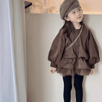 秋冬新作 オシャレ 3-8歳ガールズ フリル ジャケット ブレザー 重ね着風 ビショップ・スリーブ レース 7-15