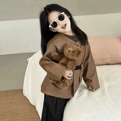 シンプル 子供服 秋冬新作 ユニセックス ジャンパー ライダース PU革上着 ブルゾン ジャケット 5-13