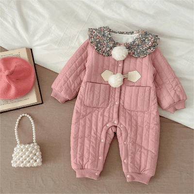 秋冬新作 ガールズ 連体服 花柄襟 ポンポン 裏ボア裏起毛 防寒 厚手 ロンパース カバーオール 66-100