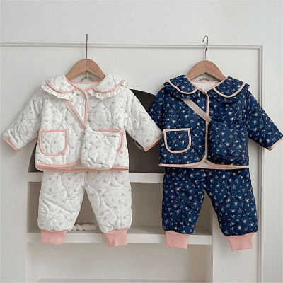 秋冬新作 0-3歳 ガールズ キルティング 花柄 綿入れジャケット バッグ+上着+ズボン 66-100