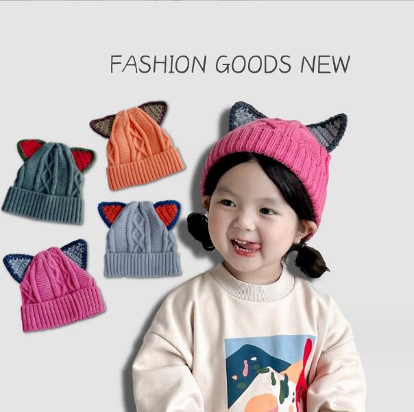 子供用★帽子★キッズ★男女兼用★耳カバー★暖かい★防寒★ニット帽子★猫耳造形★12色