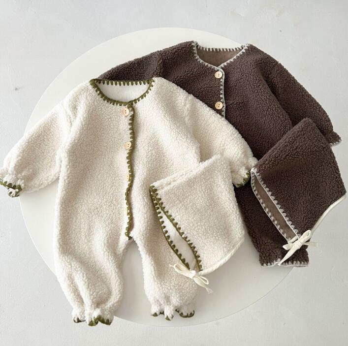 2023★秋冬新作★韓国風子供服★ロンパース+帽子★裏起毛★2色66-100CM