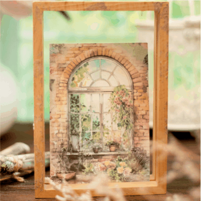 カフェ風 ペーパー アンティーク メモ紙素材紙 ガーデン 花フラワー 薔薇ローズ バタフライ蝶 窓 40枚入