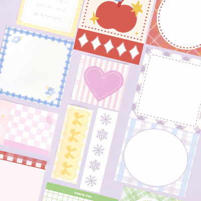 カフェ風 素材紙メモ紙 ノートペーパー ミニノート チェック柄 枠 リボン リンゴ ハート 50枚入