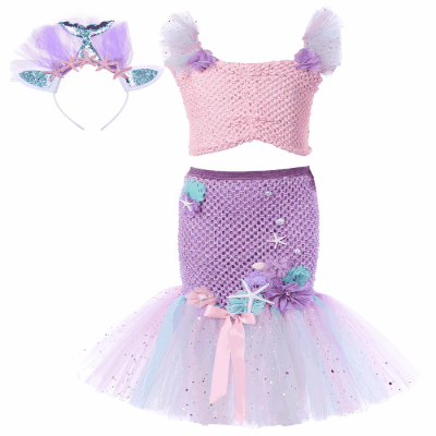 春夏新作 ガールズ キッズ 人魚姫 マーメイド キラキラ レース ヒトデ貝殻 シャツ+スカート M-XXL