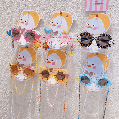 Y2K 春夏 キッズ UVカット 子供用フレーム メガネ 紫外線防止 サングラス 日焼け止め 花パンダ チェーン