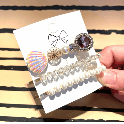 春夏 レディース ガールズ少女 ヘアクリップ ヘアピン 貝殻シェル アクリルパール ラインストーン 3枚入