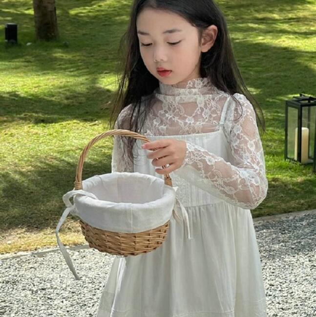 「2024」子供服★レーストップス★吊りワンピース★キッズ女の子★2色★7-15#