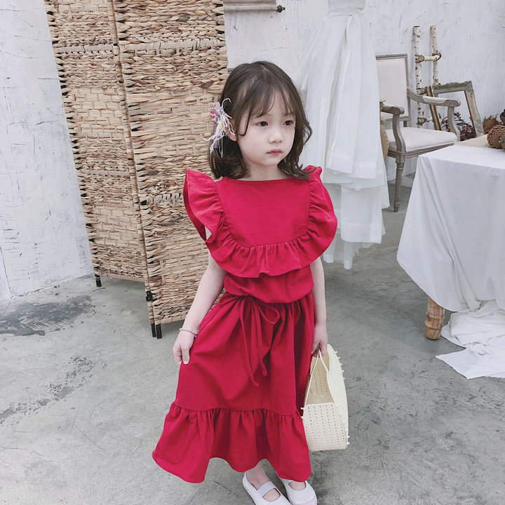 お勧め キッズ 春夏 子供服 3-8歳 フリル 袖なしワンピ シフトドレス ロングスカート ワンピース 7-15