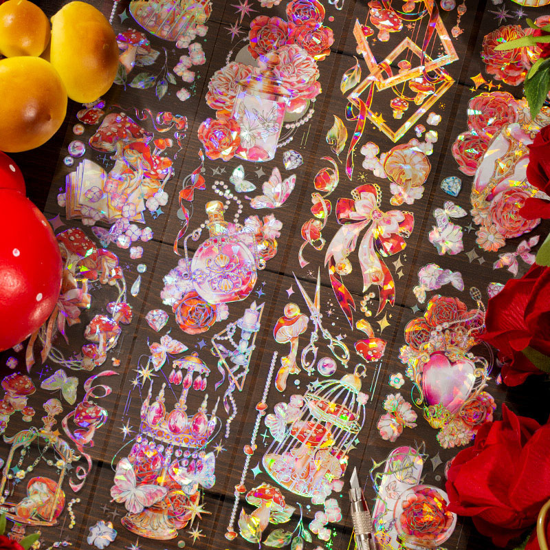 文具 PETシール貼紙 封口貼 手帳素材 マスキングテープ キノコ リボン 幾何学 植物花フラワー 6cm*2m