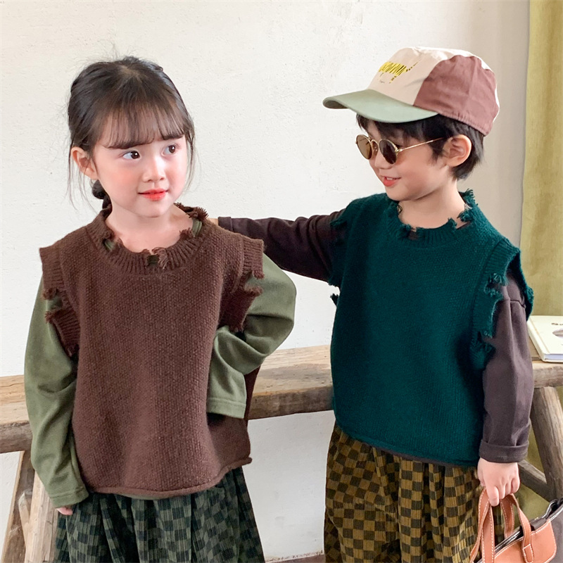 お勧め キッズ男女 春夏新作 ベスト ニット セーター 袖なし上着3色 森系 チョッキ 子供服 80-130
