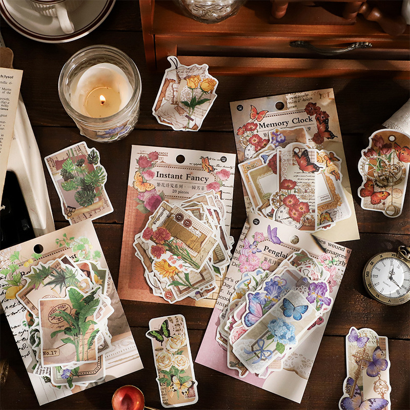 塩系文具 シール貼紙 封口貼 手帳素材 アンティーク 植物花葉蝶 春新作 イラスト 幾何学ラベル 40枚入