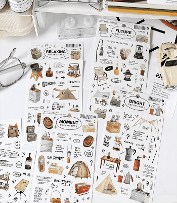 塩系文具 シール貼紙 手帳素材 春新作 封口貼 絵風 キャンプ遠足 食べ物 文字単語 野営雑貨 2枚入