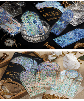 文具 PETシール貼紙 手帳素材 封口貼 アンティーク 春新作 キラキラ 幾何学 花柄 窓 イラスト 6枚入