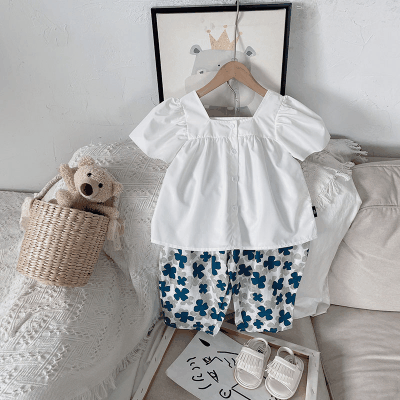 お勧め 夏 キッズ ワイドパンツ スクエアネック ブラウス 花柄 パフスリーブ シャツ+パンツ 90-140