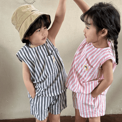 お勧め サマースーツ シャツ+パンツ ユニセックス ノースリープ ストライプ柄 ブラウス 子供服80-150