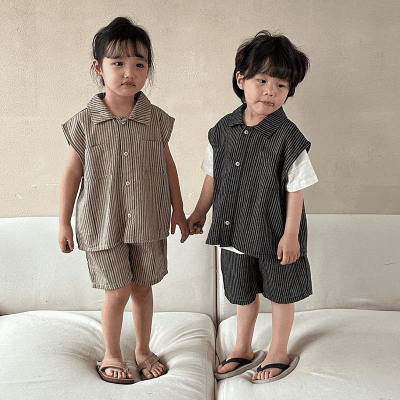 お勧め サマースーツ ベスト+パンツ ユニセックス ノースリープ ストライプ柄シャツ ブラウス 子供服80-150