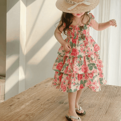 サマー ガールズ スリップドレス ワンピース ボタニカル ティアードスカート ノースリープ ワンピ 90-140