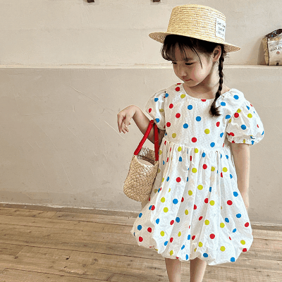 サマー カジュアル ガールズ ドット柄ワンピ パフスリーブ ワンピース キッズ ドレス 80-150