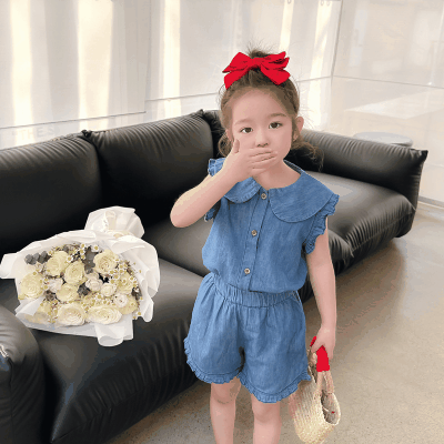 サマー キッズ ガールズ ショートパンツ フリル ブラウス デニム ノースリープ シャツ+パンツ 90-140