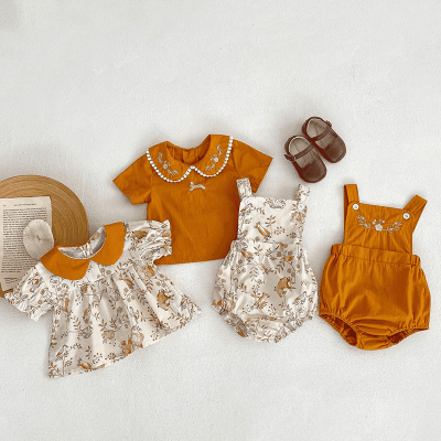 夏新作 ガール 吊りズボン サロペット 小花柄 刺繍 ウサギ熊 ブラウス 半袖シャツ+パンツ 66-100