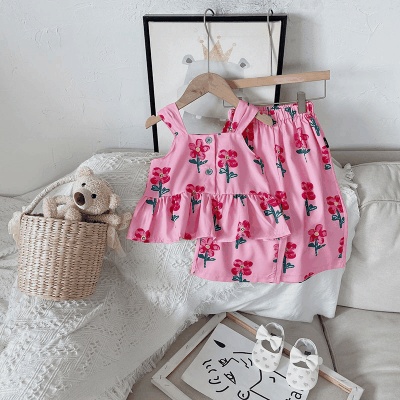 春夏 韓国風 ボタニカル 花柄 ワイドパンツ フリル ノースリープ キャミソール+ハーフパンツ 90-140