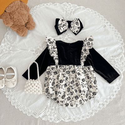 秋冬新作 ガールズ 連体服 リボン フリル 小花柄 重ね着風 ヘアバンド+ロンパース カバーオール 66-100