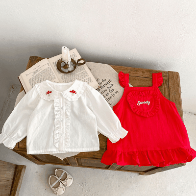 オシャレ春秋 ガールズ ワンピ ブラウス フリル キノコ刺繍 ジャンパースカート シャツ 66-100/73-110