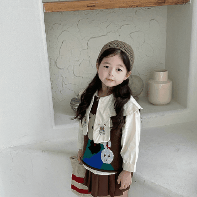 秋冬新作 オシャレ春秋 ガールズ ブラウス クマ兎 ノースリープ ベスト シャツ+プリーツスカート 5-13