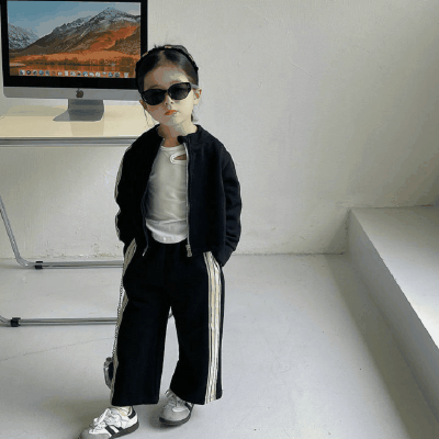 秋冬新作 オシャレ春秋 ガールズ 子供服 ストライプ柄 ブルゾン ワイドパンツ ジャケット+パンツ 5-13