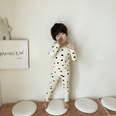 秋冬新作 ユニセックス ルームウェア 保温インナー ボディスーツ ドット柄 Tシャツ+ズボン 90-130