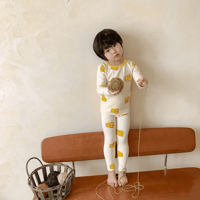 秋冬新作 ユニセックス ルームウェア 保温インナー ボディスーツ チーズ Tシャツ+ズボン 80-150