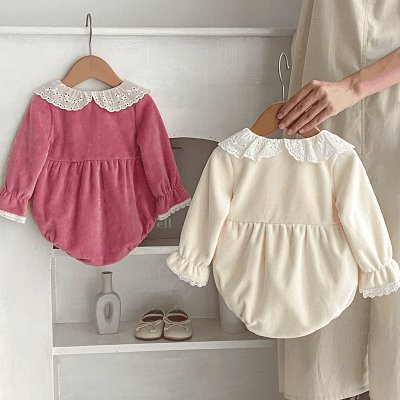 秋冬新作 ガールズ 連体服 花柄レース フリル ボア 綿フランネル 厚手 ロンパース カバーオール 66-90