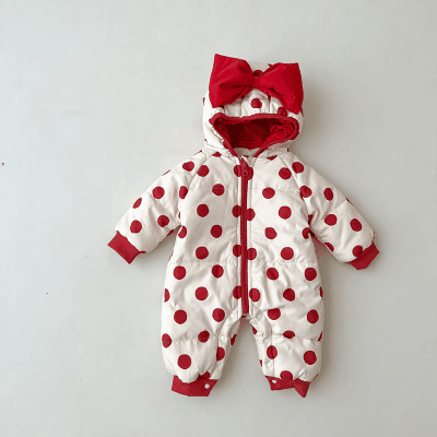 秋冬 ユニセックス 連体服 ドット柄 キルティング 裏ボア リボン フード付ロンパース カバーオール 66-90