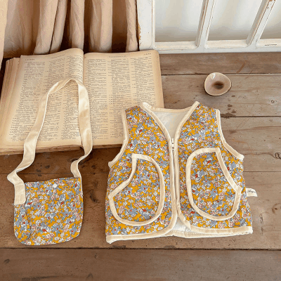 秋冬新作 ガールズ 子供服 花柄 キルティング 袖なし 綿入れ上着 ベスト+バッグ チョッキ 66-100