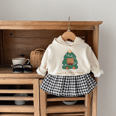 秋冬新作 ガールズ 裏ボア裏起毛 クリスマス 熊 チェック柄 フーディ フード付スウェット スカート 66-100
