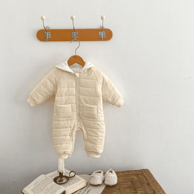 秋冬 ユニセックス 連体服 綿入れ キルティング 裏ボア裏起毛 フード付ロンパース カバーオール 66-90