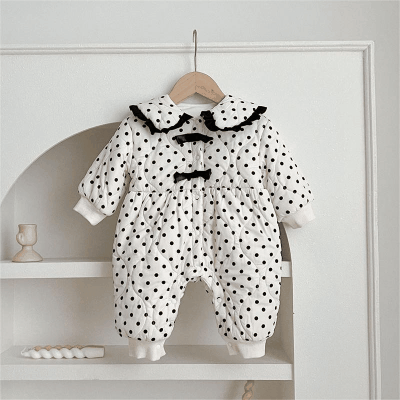 秋冬新作 ユニセックス 連体服 リボン ドット柄 裏ボア裏起毛 防寒 厚手 ロンパース カバーオール 66-100