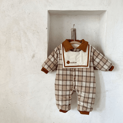 秋冬新作 ユニセックス 連体服 チェック柄 裏ボア裏起毛 よだれかけ+ロンパース カバーオール 66-90