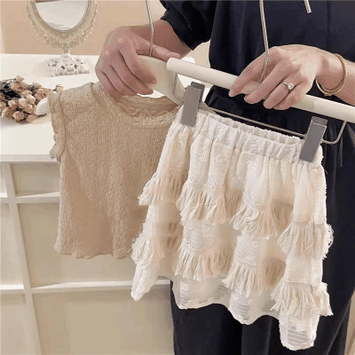 韓国風子供服 春夏 ガール3-8歳 小花柄 ブラウス フリンジ 袖なし上着 シャツ+スカート 7-17