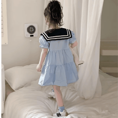 春夏 韓国風子供服 キッズ ガール シフトドレス セーラー服 フリル ワンピース ワンピ 7-17