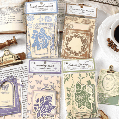 ペーパーノート メモ紙素材紙 花フラワー 薔薇ローズ バタフライ蝶 枠 タグ 15枚入