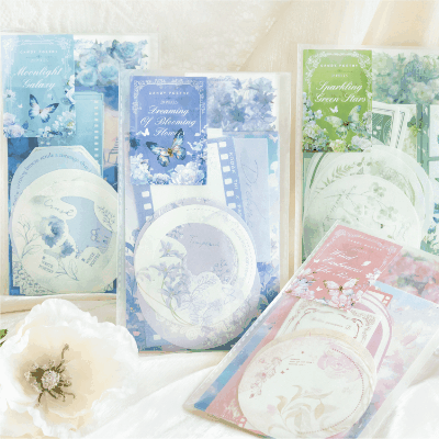 ペーパーノート ステッカー シール4枚+素材紙10枚+メモ紙14枚 花フラワー バタフライ蝶 葉 水波 28枚入