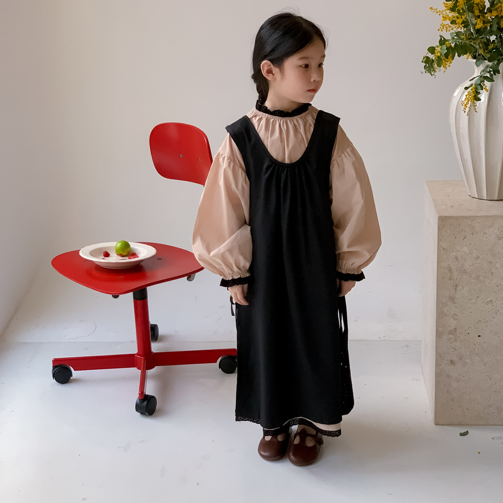 秋  韓国風子供服 ガール シフトドレス 花柄レースフリル ロングスリーブ ワンピース+袖なしワンピ 90-150